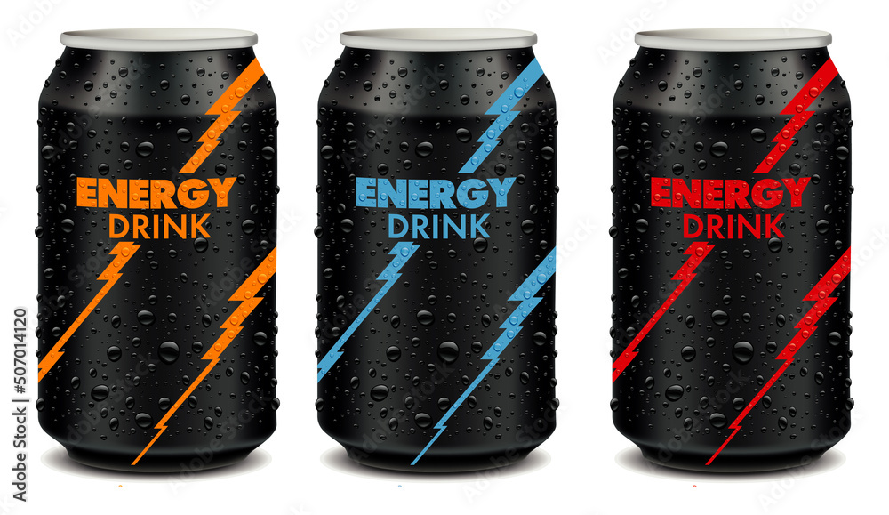 Energy drink tin can with many fresh juice drops. Template Tin package design  - obrazy, fototapety, plakaty 