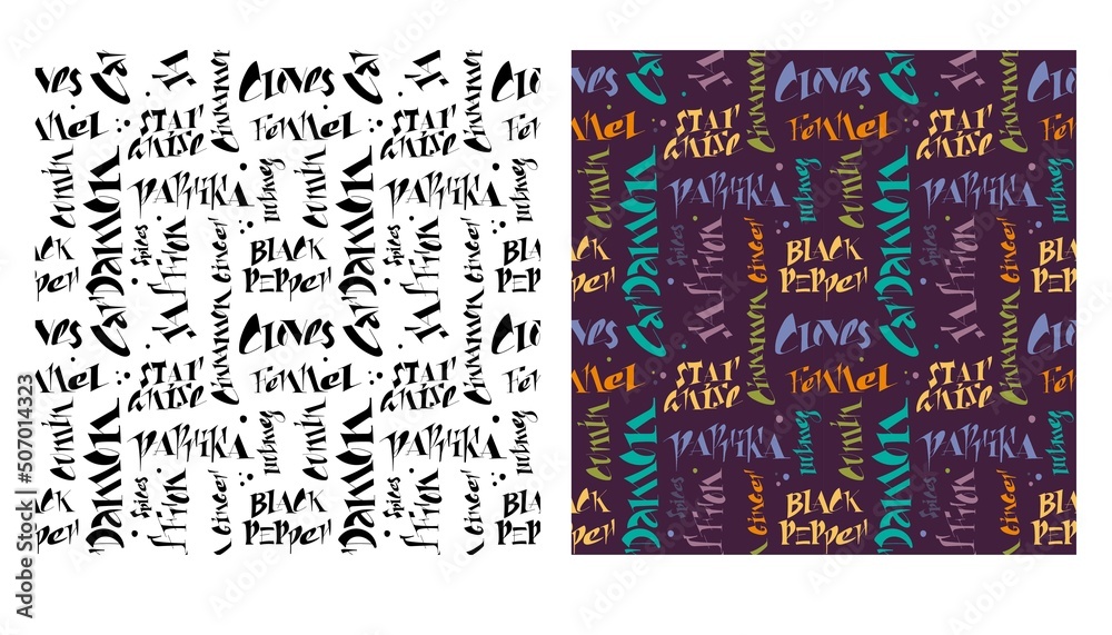 Two seamless patterns of handwritten lettering with names of spices. Hand written for label, postcards, packaging, advertising. Vector illustration.