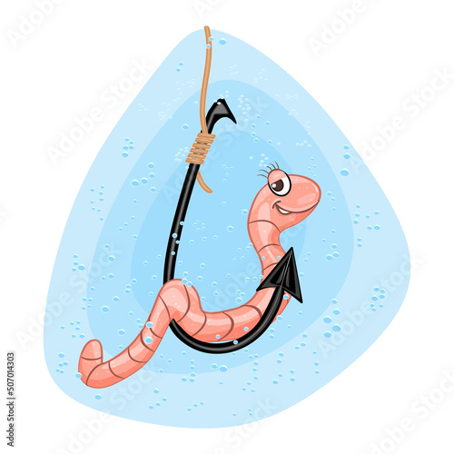 Earthworm on hook isolated on white background. Cartoon earthworm, fishhook, water and bubbles. Fishing concept. Funny cute worm hanging from fishing hook. Bait for fish. Stock vector illustration