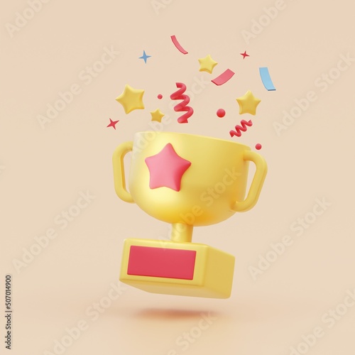 Minimal Winner Gold Trophy Cup and star confetti. 3d rendering.