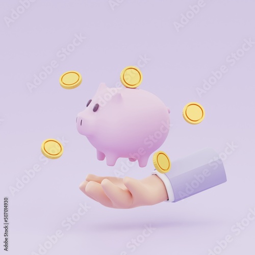 Hand holding a large Piggy and coin, Gold coins fly around the piggy bank, online payment, and investment concept. saving money concept. 3d render.