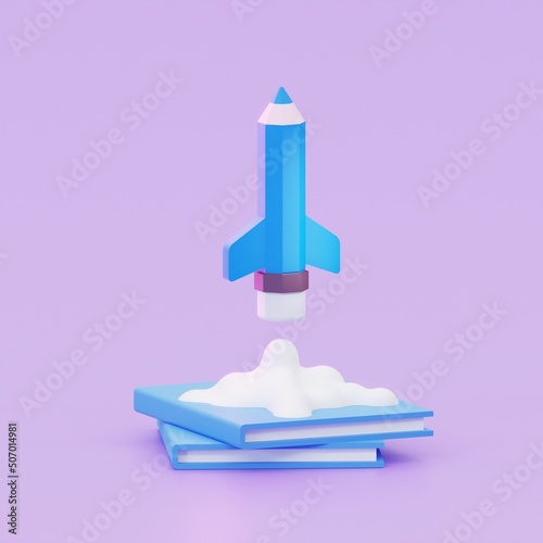 Minimal background for online education concept. Launching pencil rocket on purple background. 3d rendering.