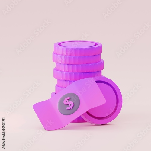 Purple Gradient Coin stacks and banknote. Financial success and growth concept. 3d render illustration.