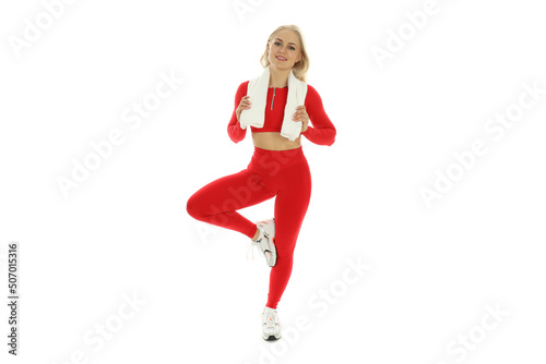 Concept of healthy lifestyle with young sporty woman, isolated on white background