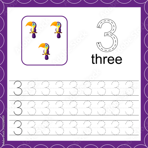 Educational maths worksheets. Toucan. Trace the line. Number three