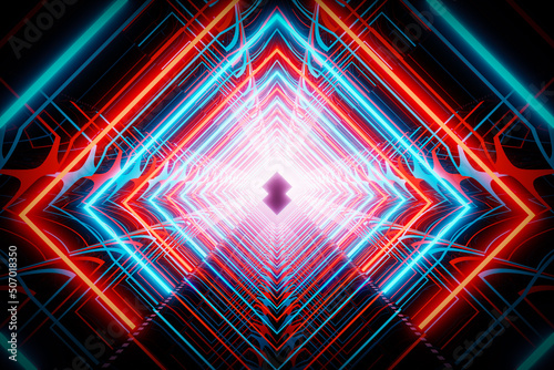 3D render. Abstract tunnel Lights neon