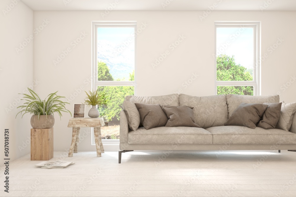 Fototapeta premium White living room with sofa and summer landscape in window. Scandinavian interior design. 3D illustration