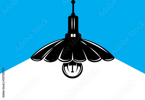 Vector illustration with hanging and glowing lamp and place for text, template for banner or site. Blue background