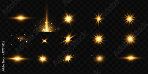 Shining golden stars. Light effects, glare, glitter, explosion, golden light. Vector illustration.