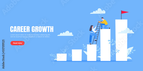Business mentor helps to improve career and holding stairs steps vector illustration. Mentorship, upskills, climb help and self development strategy flat style design business concept.