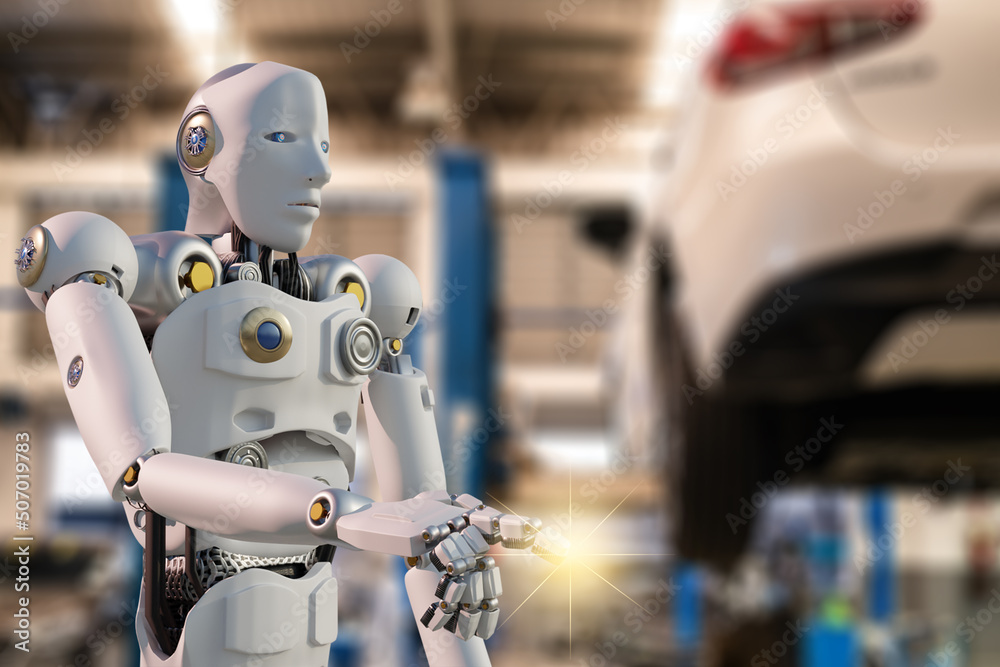 Robot metaverse technology car repair mannequin fix the car in for service garage maintenance with modern tools using robots instead of humans 3D RENDER Robot metaverse technology car repair mannequin fix the car in for service garage maintenance with modern tools using robots instead of humans 3D RENDER