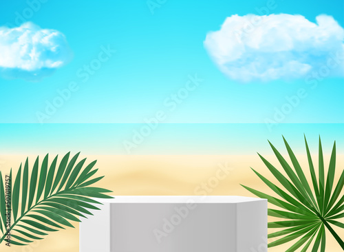 Realistic showcase with podium on a sand. 3d vector mockup with shadow overlay effect © tovovan