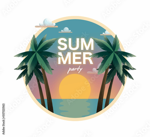 Summer party with palm trees and sea on sunset round illustration 