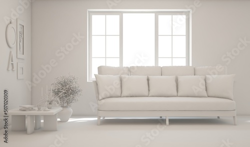 White minimalist living room with sofa. Scandinavian interior design. 3D illustration