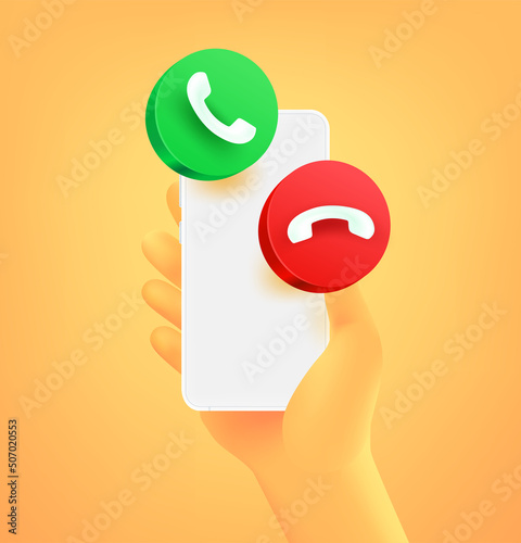 Cartoon hand with smartphone and call buttons. 3d vector illustration