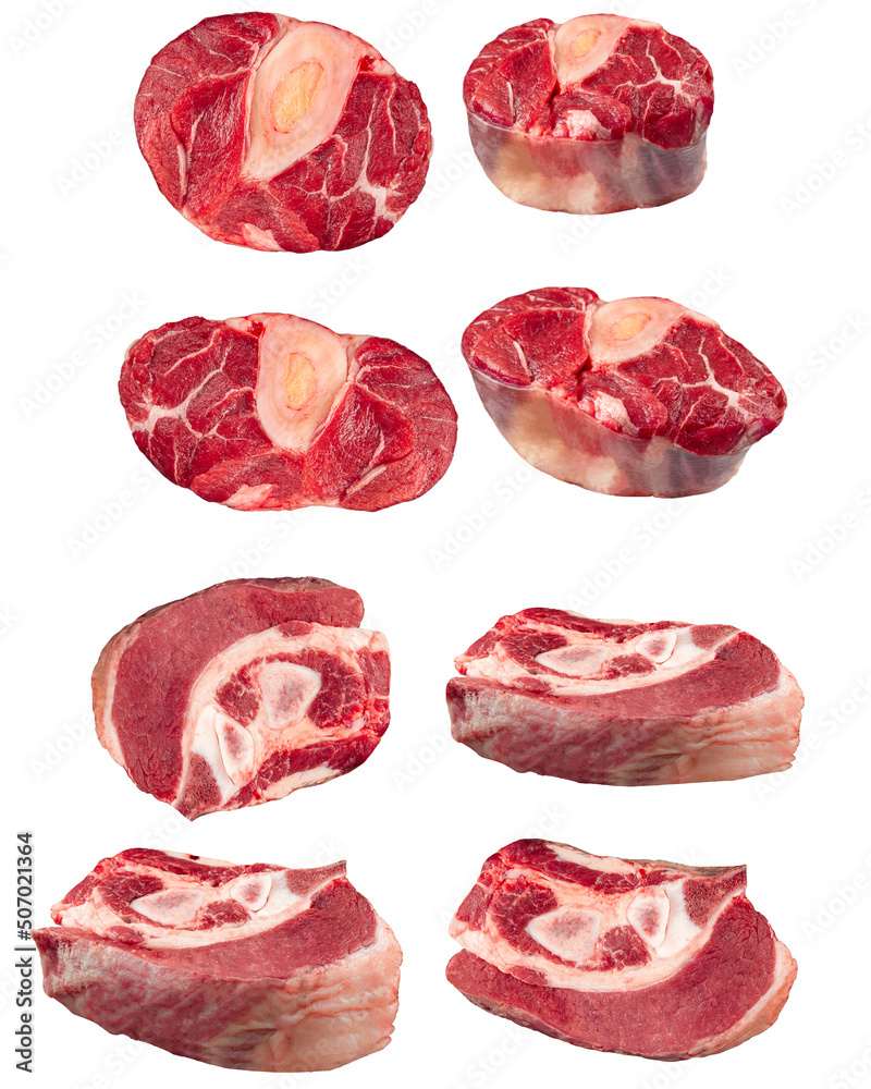 Collage of isolated raw beef meat pieces on the white background Collage of isolated raw beef meat pieces on the white background