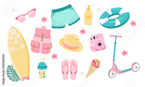 Set of summer accessories. Sunglasses, sunscreen cream, backpack, hut, camera instax, ice cream, lemonade, rubber ring, swimming trunks, kick scooter, slippers.
