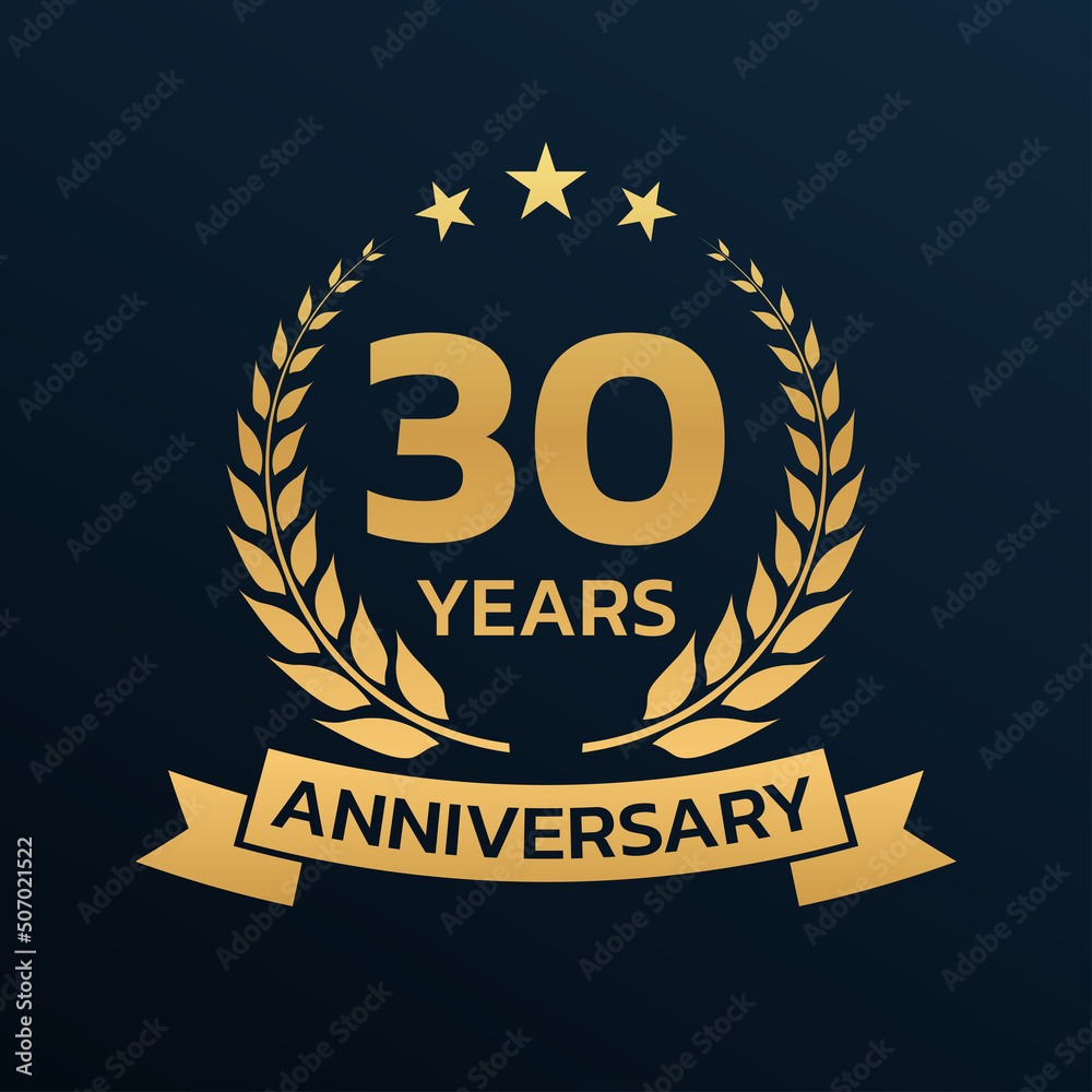 30 years anniversary laurel wreath logo or icon. Jubilee, birthday badge, label or emblem. 30th celebration design element. Vector illustration.