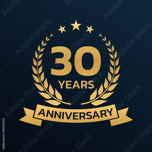 30 years anniversary laurel wreath logo or icon. Jubilee, birthday badge, label or emblem. 30th celebration design element. Vector illustration.