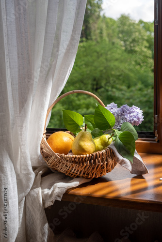 still life with pears and flowers