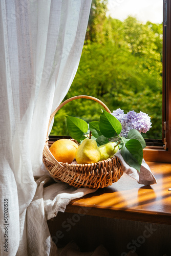 still life with pears and flowers