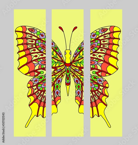 Set of bookmarks with colorful tropical butterfly in zentangle.