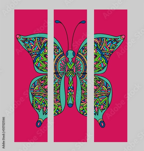 Set of bookmarks with colorful tropical butterfly in zentangle style..