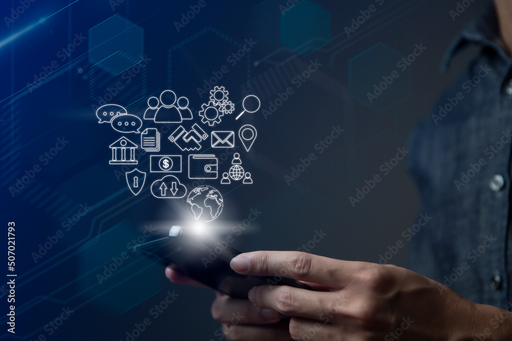 Businessman using smart phone to do online transactions with internet technology, concept of global data connection by internet technology, big data, searching for information Businessman using smart phone to do online transactions with internet technology, concept of global data connection by internet technology, big data, searching for information