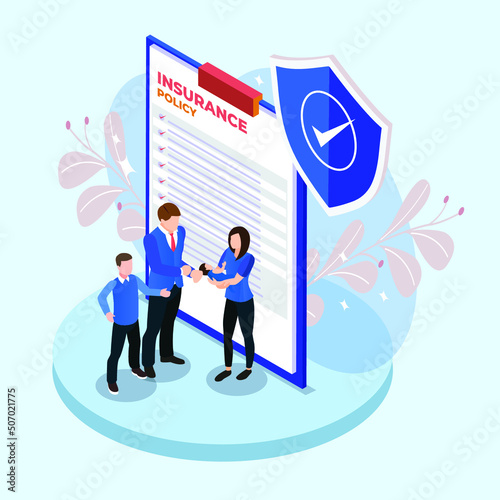 Father, son and mother holding baby with insurance policy and shield guard isometric 3d vector illustration concept for banner, website, illustration, landing page, flyer, etc.