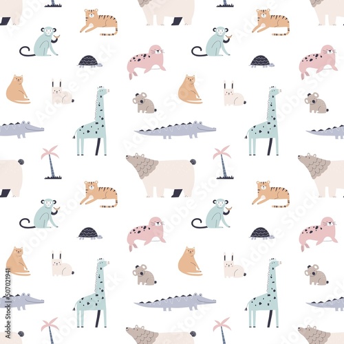 Seamless Scandinavian pattern. Childish background with cute animals repeating print. Scandi-styled endless texture design with baby characters. Kids flat vector illustration for textile, decoration