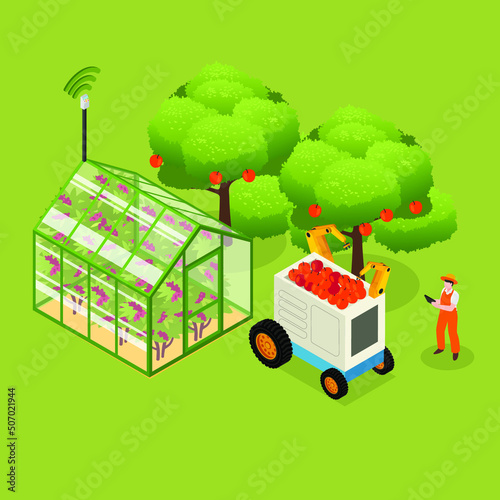 Farmers use tablets to harvest apple in a farm isometric 3d vector illustration concept for banner, website, illustration, landing page, flyer, etc.