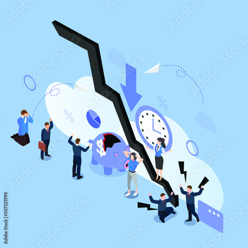 Panicking people amid world recession - collapse of stock market isometric 3d vector illustration concept for banner, website, illustration, landing page, flyer, etc.