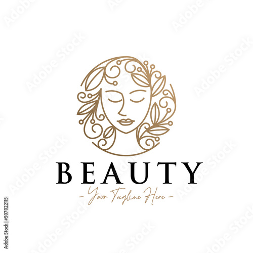 Beauty woman head feminine line art with floral natural gold logo