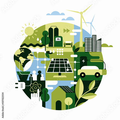 Geometric illustration expressing non polluting eco friendly energy sources