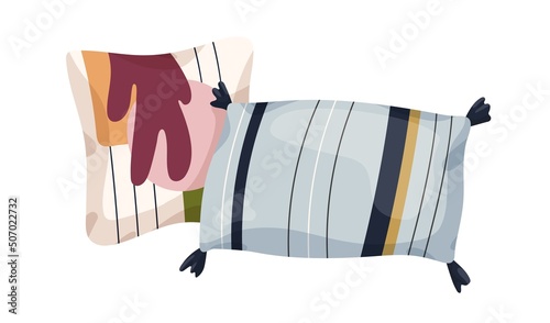 Soft decorative cushions designs. Rectangle and square shaped comfy decor with abstract and line patterns, tassels. Bed and sofa decoration. Flat vector illustration isolated on white background