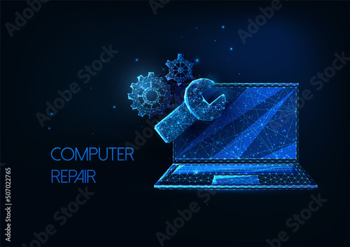 Futuristic computer repair service concept with glowing laptop, wrench and gears, cog wheels 