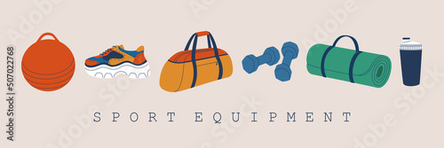 Sport equipment. Sport bag, dumbbell, footwear, fit ball, shaker, yoga mat. Healthy lifestyle. Hand drawn vector illustration isolated on white background. Flat cartoon style.