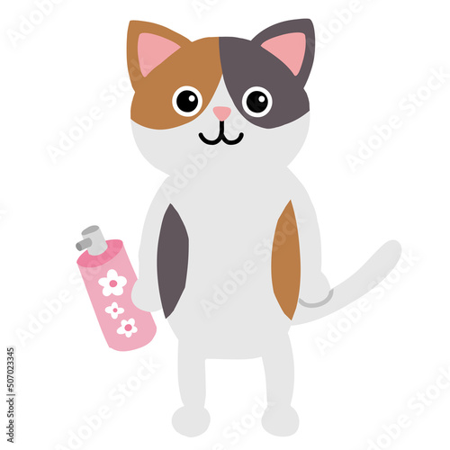 芳香剤を持つ猫のポップなフラットイラスト
