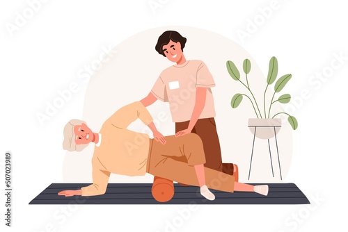 Senior person exercising with roller for rehabilitation, recovery. Nurse helping old woman to recover with physiotherapy. Rehab physio therapy. Flat vector illustration isolated on white background