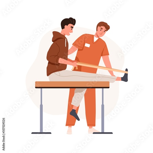 Patient at physical therapy rehabilitation with physiotherapist, exercising with elastic band after leg injury. Physiotherapy rehab with ribbon. Flat vector illustration isolated on white background