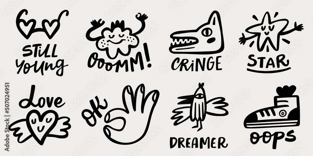 Fototapeta premium Funny black stickers or pins collection, cute comic characters and phrases. Heart, ok sign, sneaker, glasses, bird, star, cloud and wolf