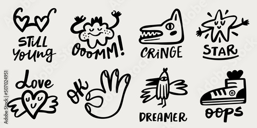 Funny black stickers or pins collection, cute comic characters and phrases. Heart, ok sign, sneaker, glasses, bird, star, cloud and wolf