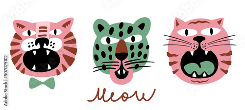 Styled trendy colorful meowing animal heads. Cute cat, cheetah and tiger hand drawn characters. Print, poster, logo or sticker design.