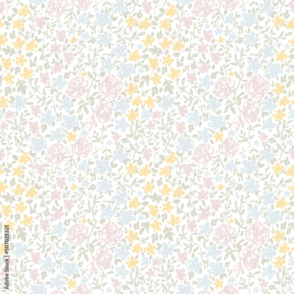 Vintage floral vetor pattern. Seamless background with wildflowers in the meadow. Colorful texture. Blue, pink, yellow and green flowers cute pastel colors.