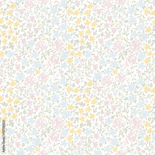 Vintage floral vetor pattern. Seamless background with wildflowers in the meadow. Colorful texture. Blue, pink, yellow and green flowers cute pastel colors.