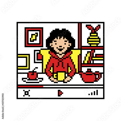 Pixel art video player window with a woman talking to camera in her room. Vlog, live stream, distance educatioe course lesson. Teacher, coach, blogger, influencer streaming online. Social media story.