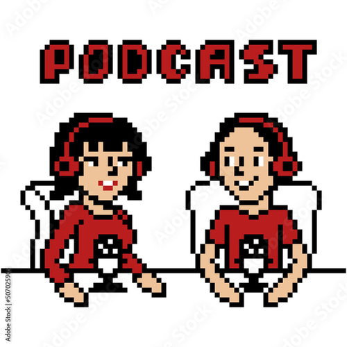Pixel art podcast host talking to a guest in the studio. Vlog dialogue. Live talk show stream. Two speakers radio interview. TV broadcasting. Video channel banner. Online audio discussion translation.
