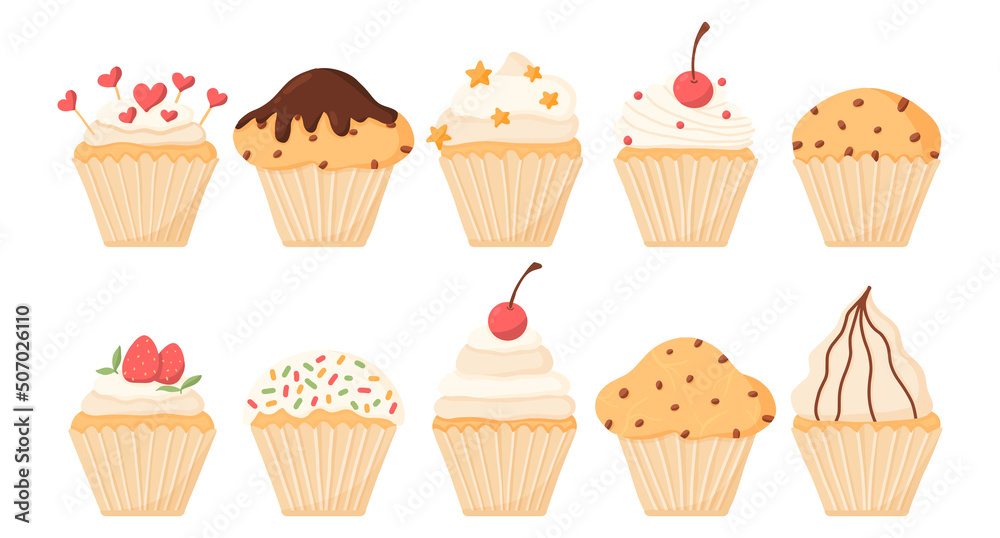 Set of cupcakes .A beautiful collection of muffins with cherry, strawberries, cream. chocolate. Set of cupcakes .A beautiful collection of muffins with cherry, strawberries, cream. chocolate.