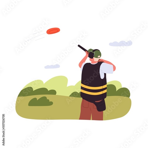Shooter with rifle gun aiming at moving target in air. Person with shotgun firearm at shooting range outdoors. Man training with weapon. Flat vector illustration isolated on white background
