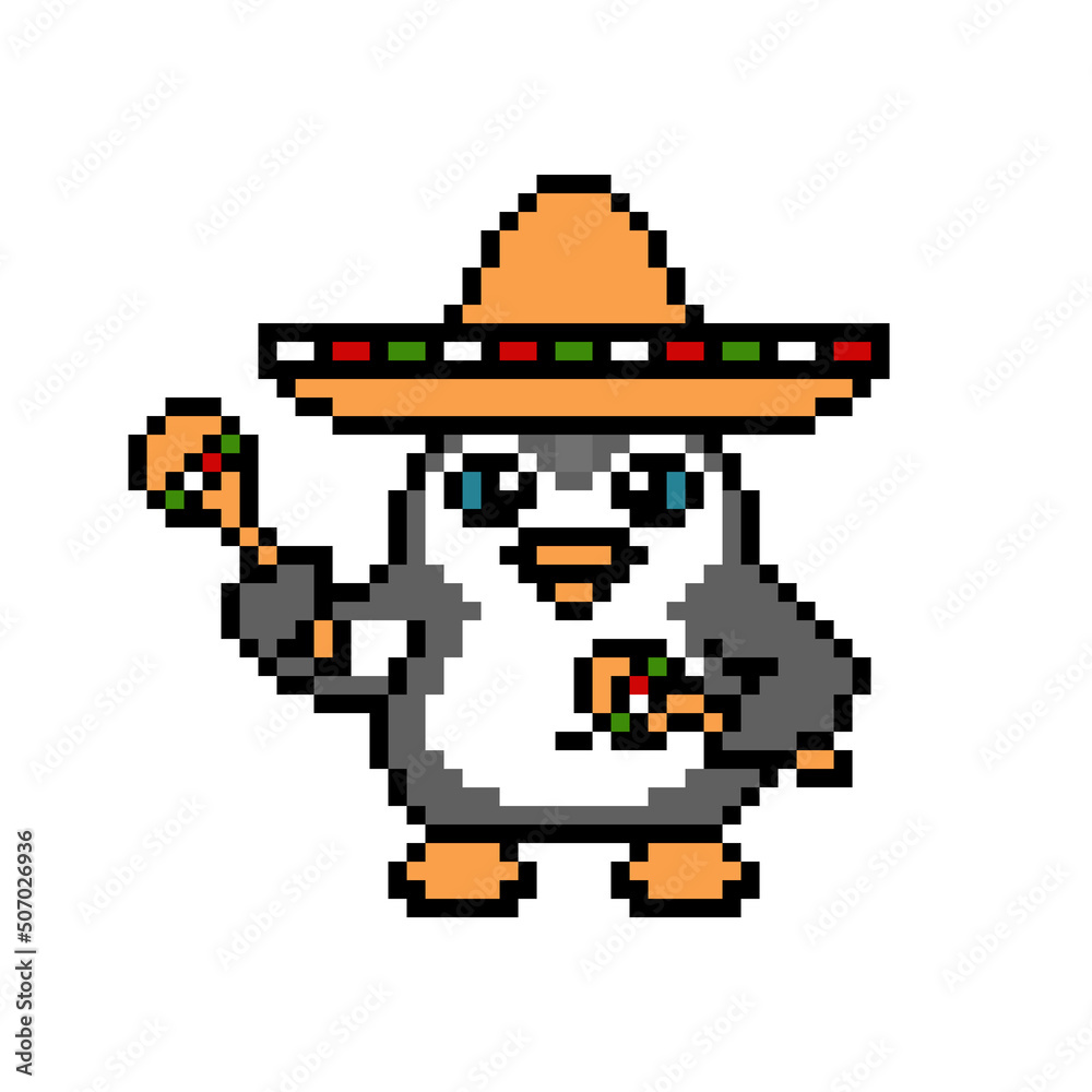 Fototapeta premium Penguin in a sombrero hat playing two maracas, pixel art animal on white. Latin music bird character. Old school retro 80's-90's 8 bit slot machine, 2d video game graphics. Cartoon mexican mascot.